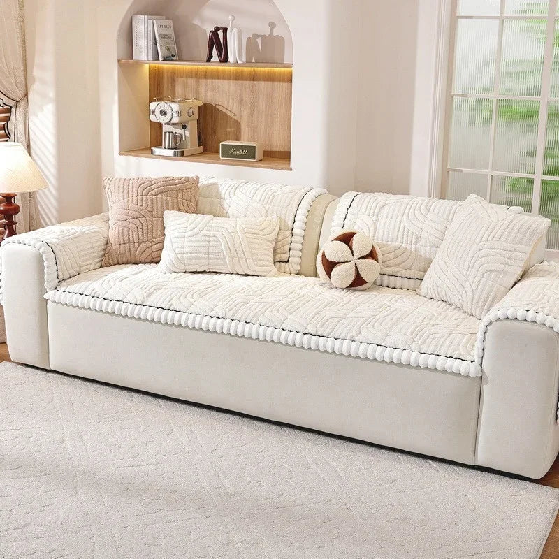 Thicken Plush Sofa Cover Winter Warm Non-slip Straight Couch Cushion Protector Cream Style Couch Slipcovers for Living Room