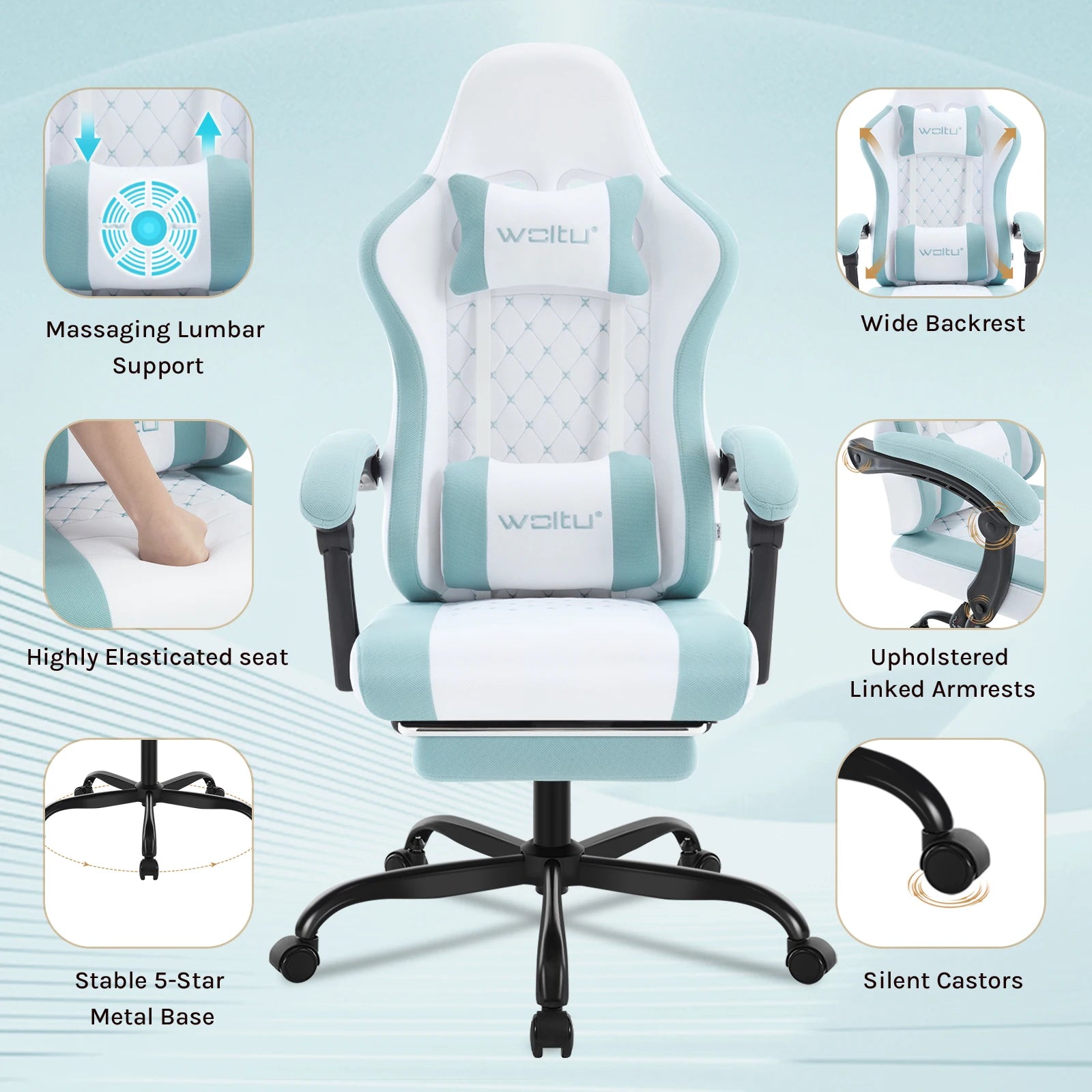 WOLTU Massage Gaming Chair Ergonomic Swivel Computer Gamer Office Chair with Pillow Footrest Adjustable Headrest Lumbar Support
