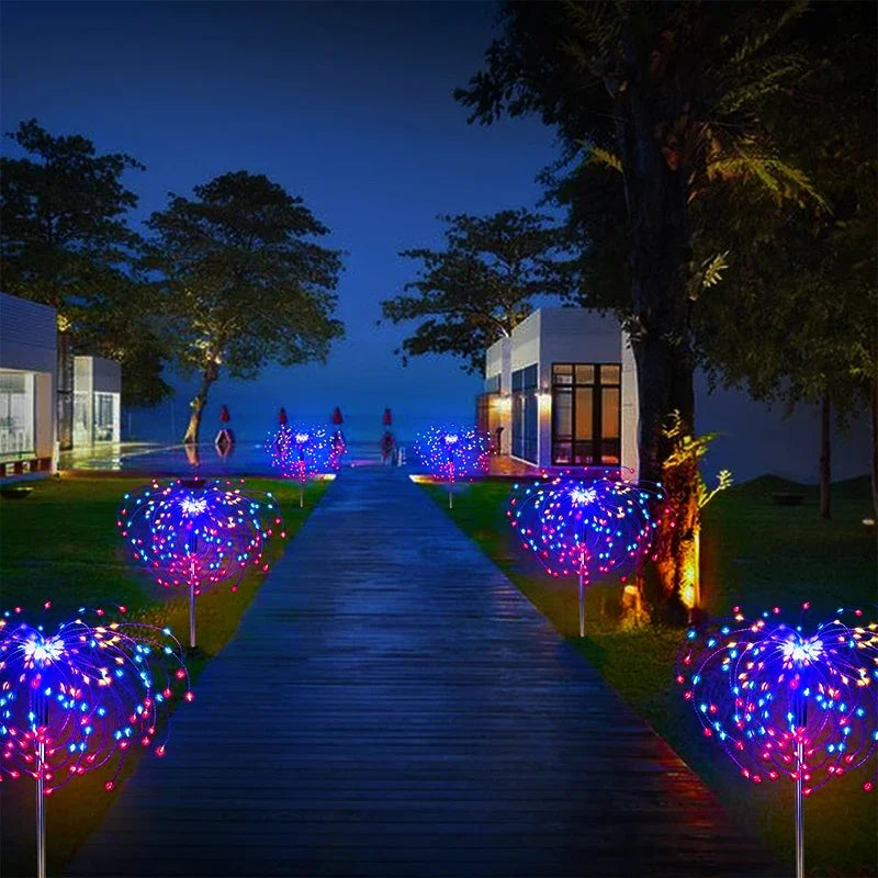 Solar Power LED Fireworks Lights Outdoor Waterproof Garden Decor Dandelion Solar Pathway Light for Patio Balcony Yard Lawn