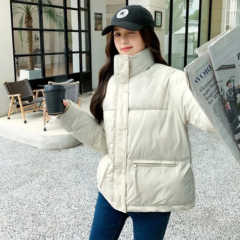 Women’s Short Standing Collar Puffer Jacket – Winter Warm Cotton-Padded Down Coat Fashion Bakery Parka Outerwear
