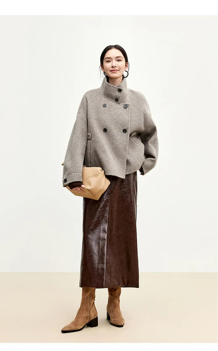 SENTUBILA 100% Wool Coat For Women Winter Jackets 2025 Stand Turtleneck Double Sided Short Outerwears Female Clothes