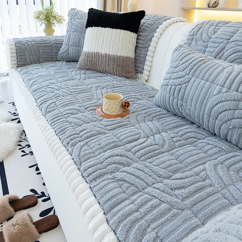 Thicken Plush Sofa Cover Winter Warm Non-slip Straight Couch Cushion Protector Cream Style Couch Slipcovers for Living Room