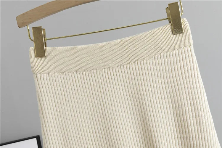 Korean Style Women’s Knitted 2-Piece Set – Single-Breasted Cardigan Sweater Top & High Waist Skirt Outfit