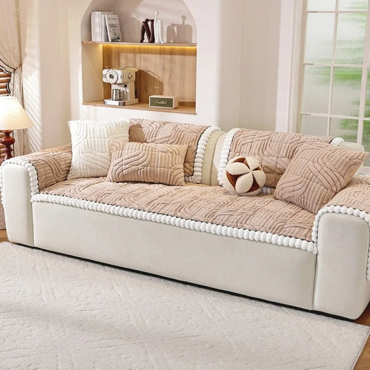 Thicken Plush Sofa Cover Winter Warm Non-slip Straight Couch Cushion Protector Cream Style Couch Slipcovers for Living Room