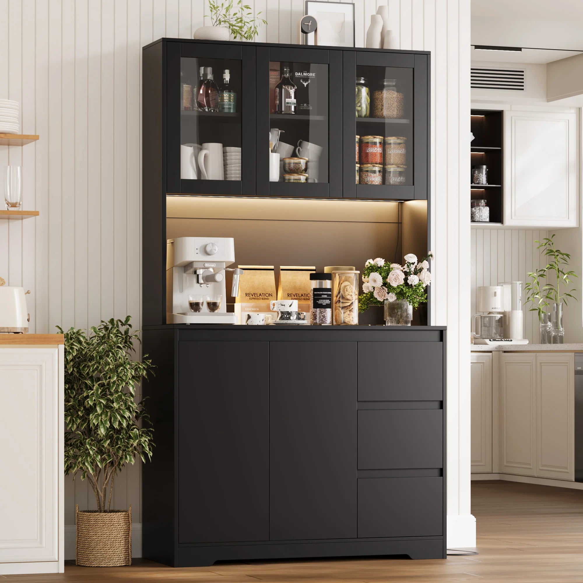 Getone Kitchen Buffet with LED, Kitchen wardrobe Buffet wardrobe with 3 Drawer sockets Bar Adjustable Shelf 100x38.5x180cm