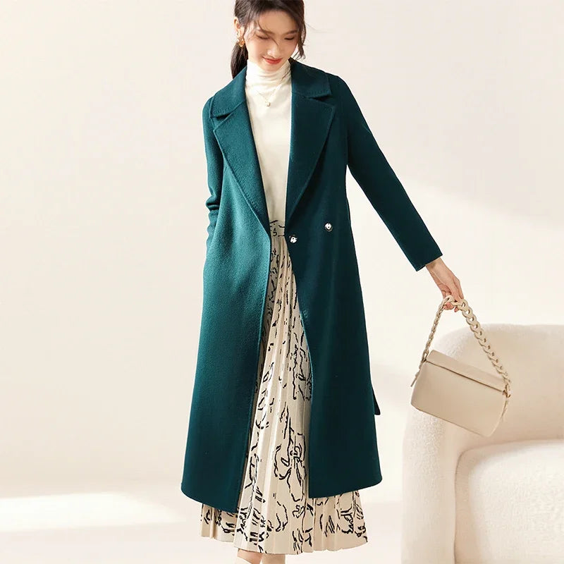 SENTUBILA Women 100% Wool Long Wrap Coat 2025 Elegant Notched Collar Belted Warm Double Faced Woolen Winter Overcoat W24O43352