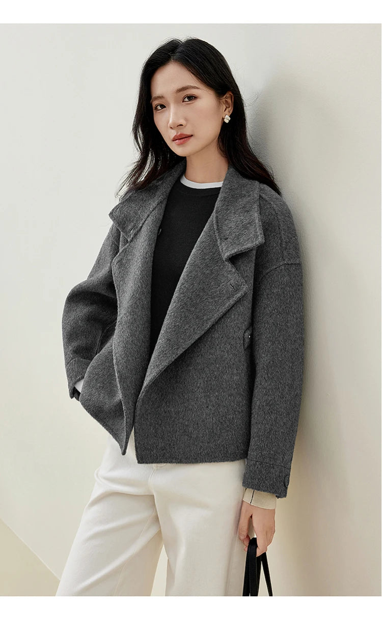 SENTUBILA 100% Wool Coat For Women Winter Jackets 2025 Stand Turtleneck Double Sided Short Outerwears Female Clothes