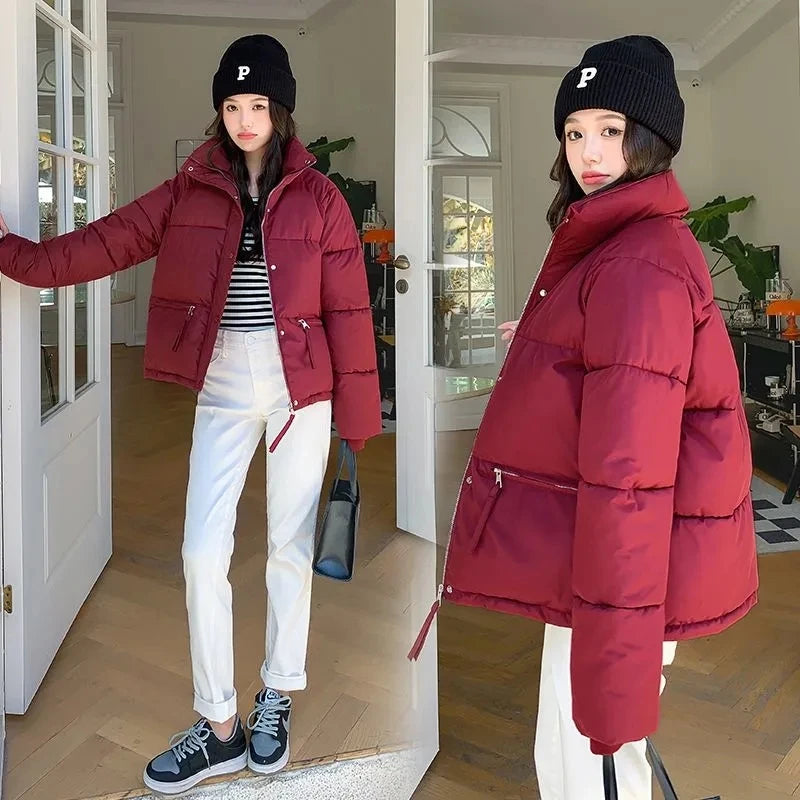 Women’s Short Standing Collar Puffer Jacket – Winter Warm Cotton-Padded Down Coat Fashion Bakery Parka Outerwear