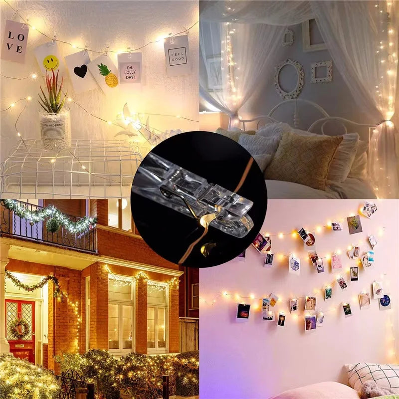 1pc Photo Clip Light String 2/5/10m 20/50/100led 10/30/50Clip Fairy Lights Fairy Lights Bedroom Wall Copper Wire Light String
