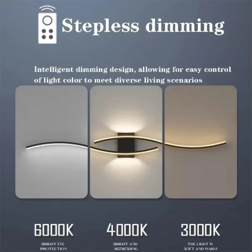 Modern Long Strip LED Wall Lamp – Remote Control Dimmable Wall Light for Living Room, Bedroom, Bedside & Home Interior Decoration