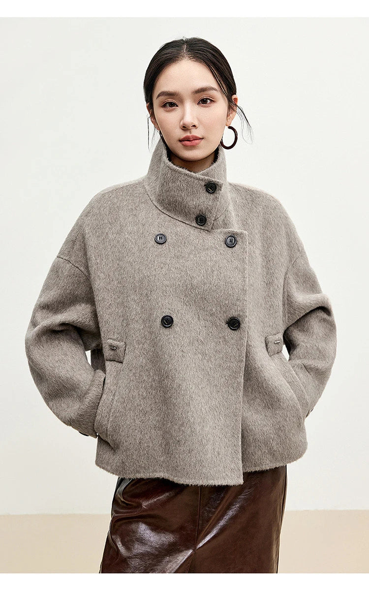 SENTUBILA 100% Wool Coat For Women Winter Jackets 2025 Stand Turtleneck Double Sided Short Outerwears Female Clothes