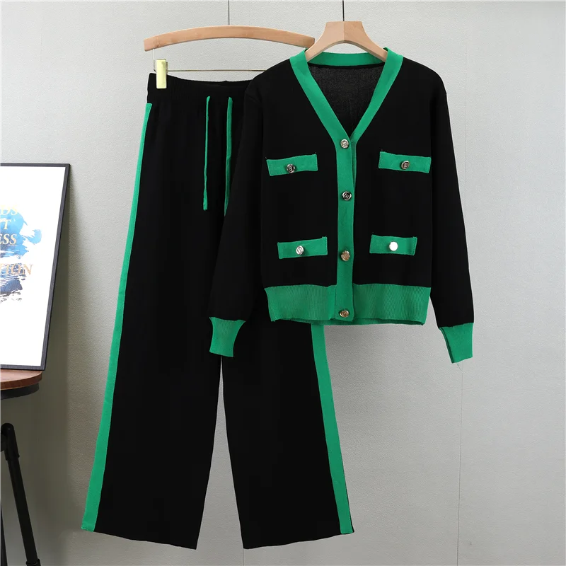 Women’s Knitted 2-Piece Sweater Set – Soft V-Neck Cardigan & Wide-Leg Pants Autumn Winter Outfit
