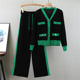 Women’s Knitted 2-Piece Sweater Set – Soft V-Neck Cardigan & Wide-Leg Pants Autumn Winter Outfit