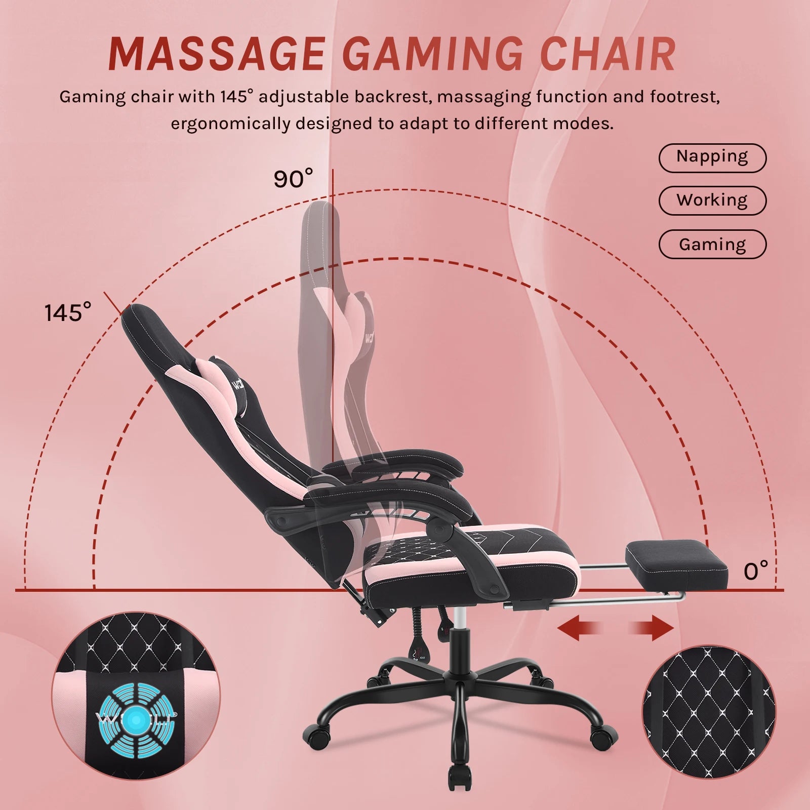 WOLTU Massage Gaming Chair Ergonomic Swivel Computer Gamer Office Chair with Pillow Footrest Adjustable Headrest Lumbar Support