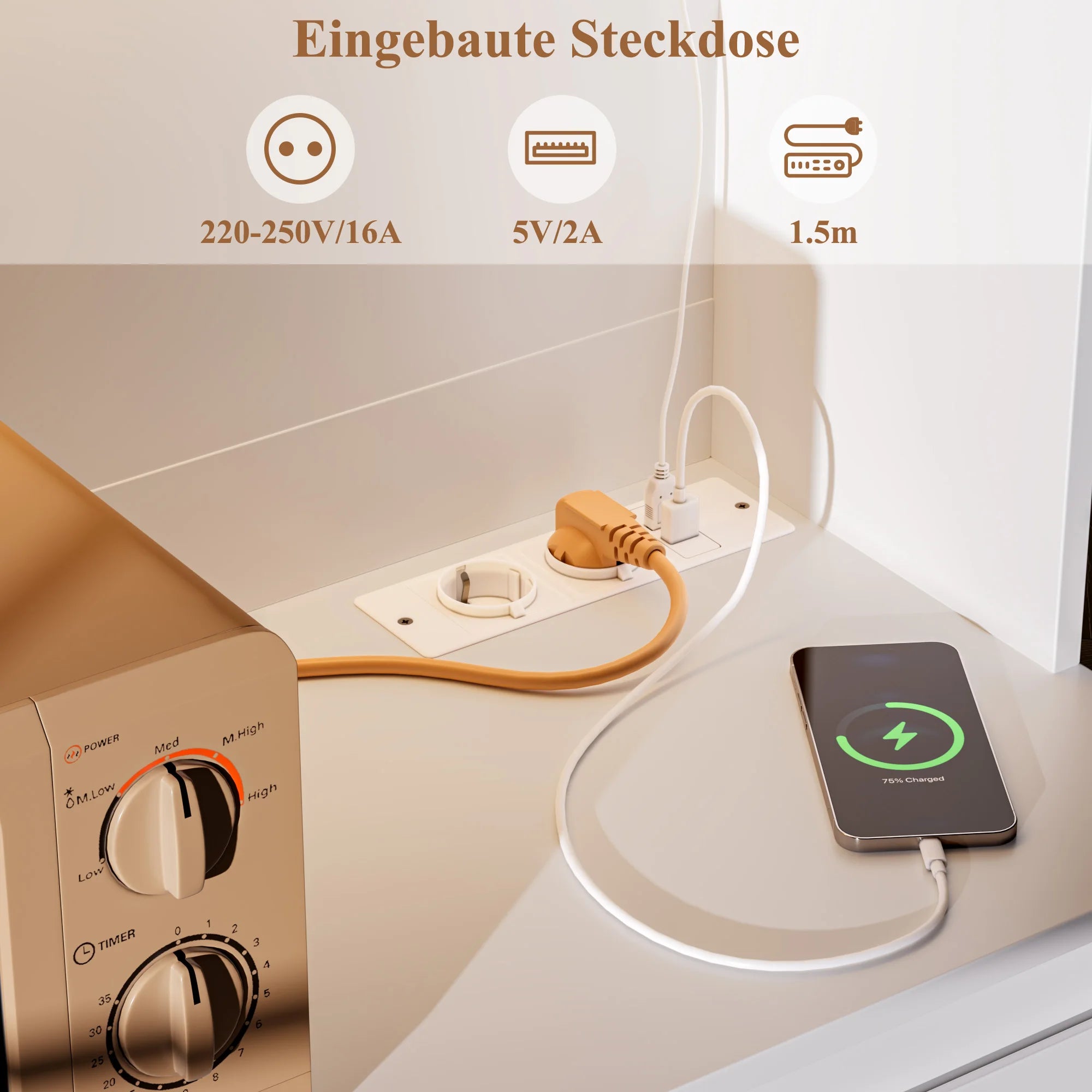 Getone Kitchen Buffet with LED, Kitchen wardrobe Buffet wardrobe with 3 Drawer sockets Bar Adjustable Shelf 100x38.5x180cm