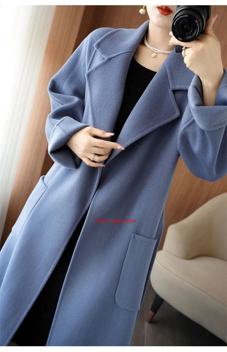 100% Pure Wool Double-Sided Cashmere Coat Women Winter New Mid-Length Loose Fashion Pockets Woolen Jacket Female Overcoat B551