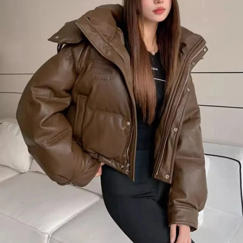 Women’s Winter Hooded Parka – Solid Color Long Sleeve Loose Fit Zipper Jacket with Pockets, Casual High Street Outerwear