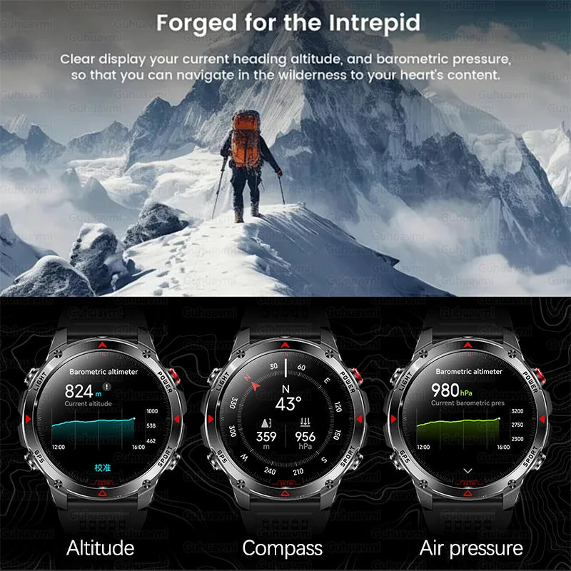 2025 Outdoor Military Smart Watch – Built-in GPS, Compass, Altimeter, Barometer, 3ATM Waterproof Rugged AMOLED Smartwatch with Bluetooth Call