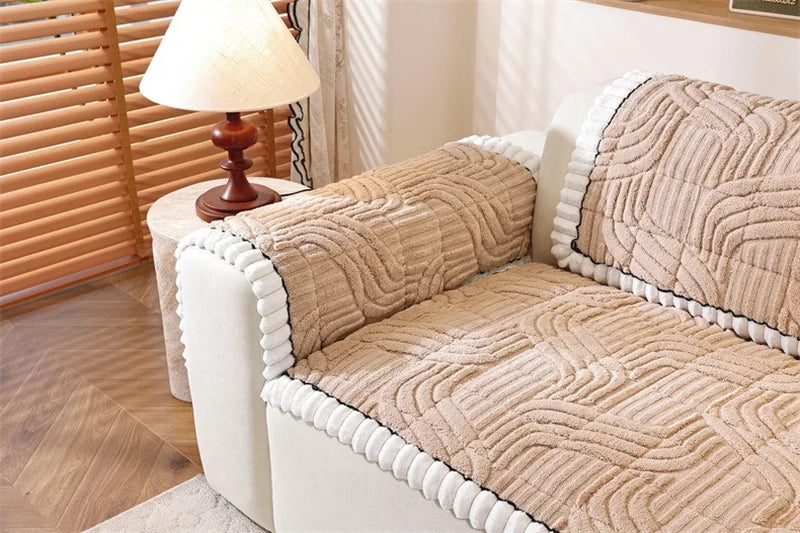 Thicken Plush Sofa Cover Winter Warm Non-slip Straight Couch Cushion Protector Cream Style Couch Slipcovers for Living Room