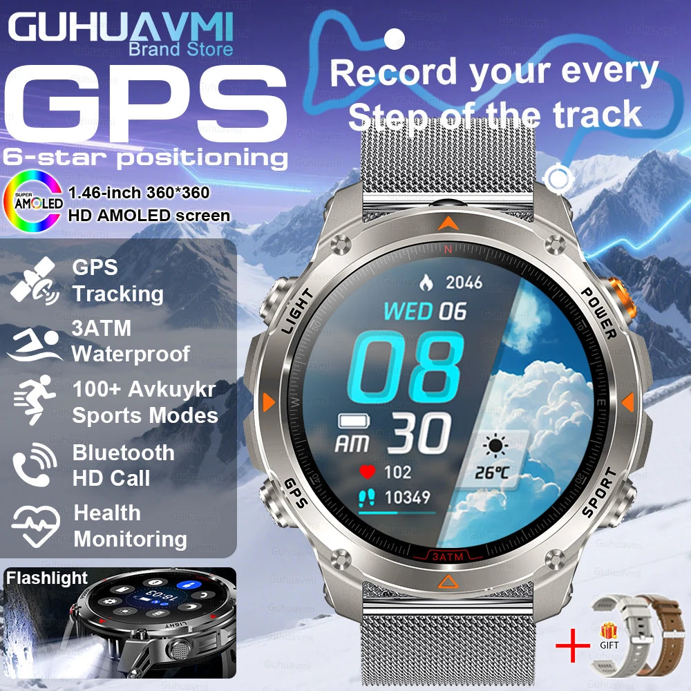 2025 Outdoor Military Smart Watch – Built-in GPS, Compass, Altimeter, Barometer, 3ATM Waterproof Rugged AMOLED Smartwatch with Bluetooth Call