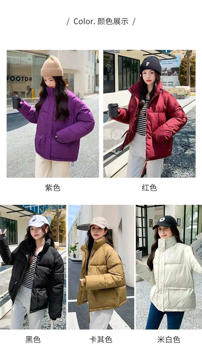 Women’s Short Standing Collar Puffer Jacket – Winter Warm Cotton-Padded Down Coat Fashion Bakery Parka Outerwear