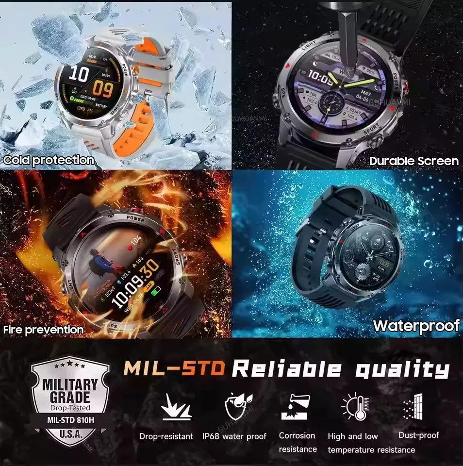 2025 Outdoor Military Smart Watch – Built-in GPS, Compass, Altimeter, Barometer, 3ATM Waterproof Rugged AMOLED Smartwatch with Bluetooth Call