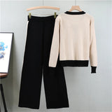 Women’s Knitted 2-Piece Sweater Set – Soft V-Neck Cardigan & Wide-Leg Pants Autumn Winter Outfit