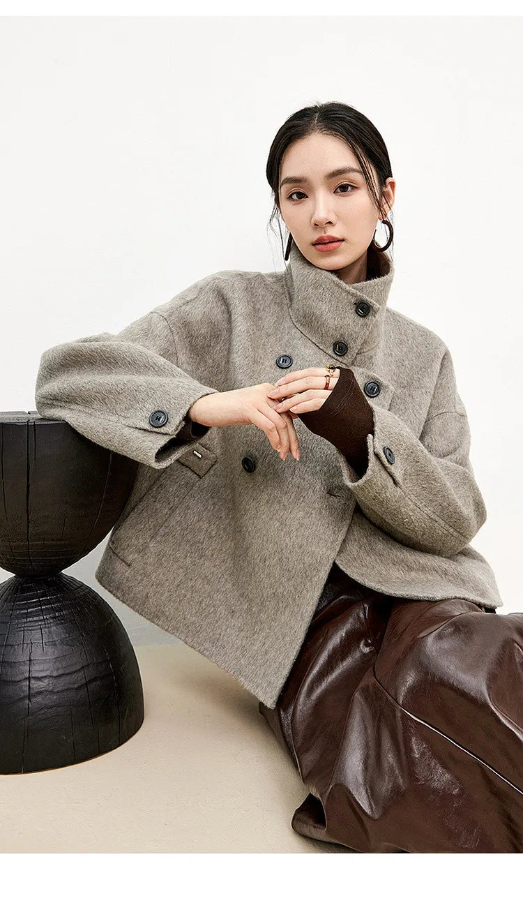 SENTUBILA 100% Wool Coat For Women Winter Jackets 2025 Stand Turtleneck Double Sided Short Outerwears Female Clothes