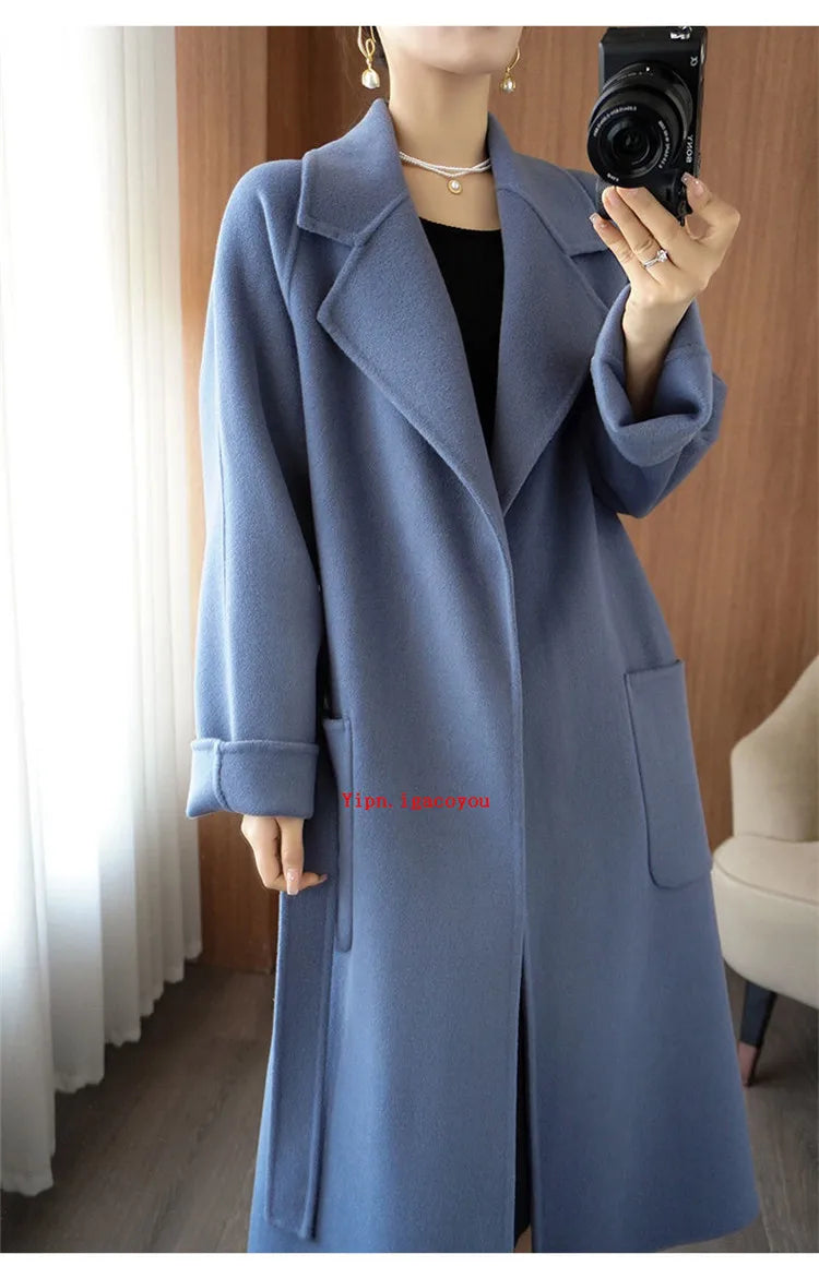 100% Pure Wool Double-Sided Cashmere Coat Women Winter New Mid-Length Loose Fashion Pockets Woolen Jacket Female Overcoat B551