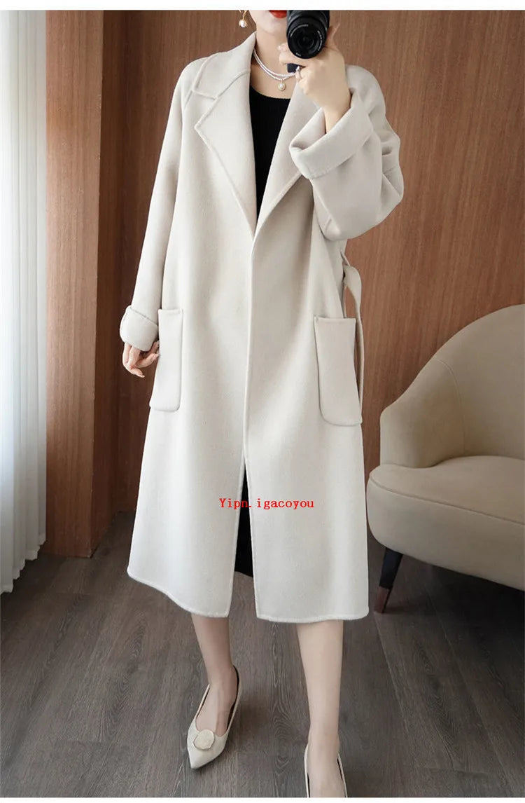 100% Pure Wool Double-Sided Cashmere Coat Women Winter New Mid-Length Loose Fashion Pockets Woolen Jacket Female Overcoat B551