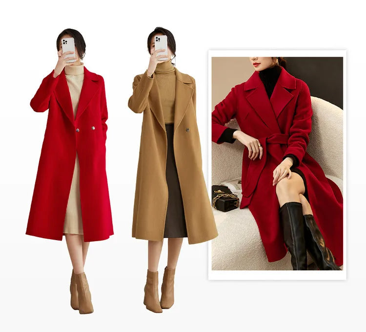 SENTUBILA Women 100% Wool Long Wrap Coat 2025 Elegant Notched Collar Belted Warm Double Faced Woolen Winter Overcoat W24O43352