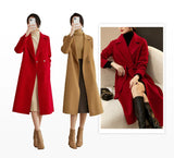 SENTUBILA Women 100% Wool Long Wrap Coat 2025 Elegant Notched Collar Belted Warm Double Faced Woolen Winter Overcoat W24O43352