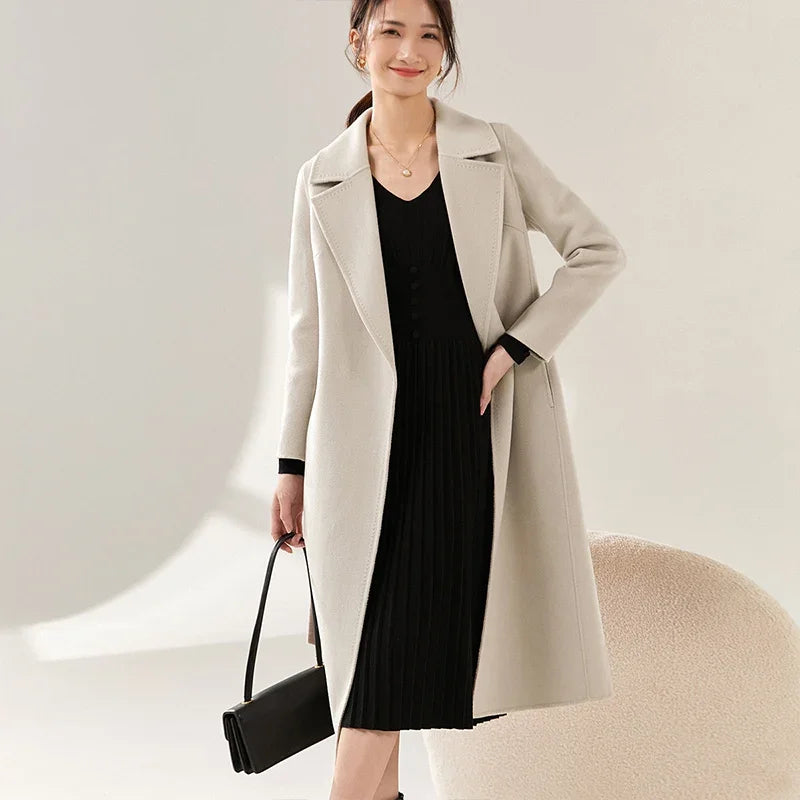 SENTUBILA Women 100% Wool Long Wrap Coat 2025 Elegant Notched Collar Belted Warm Double Faced Woolen Winter Overcoat W24O43352