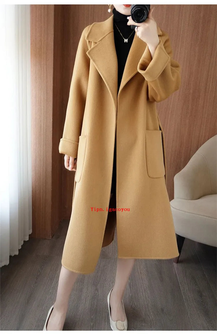 100% Pure Wool Double-Sided Cashmere Coat Women Winter New Mid-Length Loose Fashion Pockets Woolen Jacket Female Overcoat B551