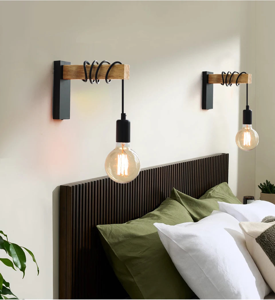 Retro Wood LED Wall Lamp E27 220V 110V Industrial Night Loft Light Fixtures Live Room Bedside Lamp Decor for Bathroom Restaurant