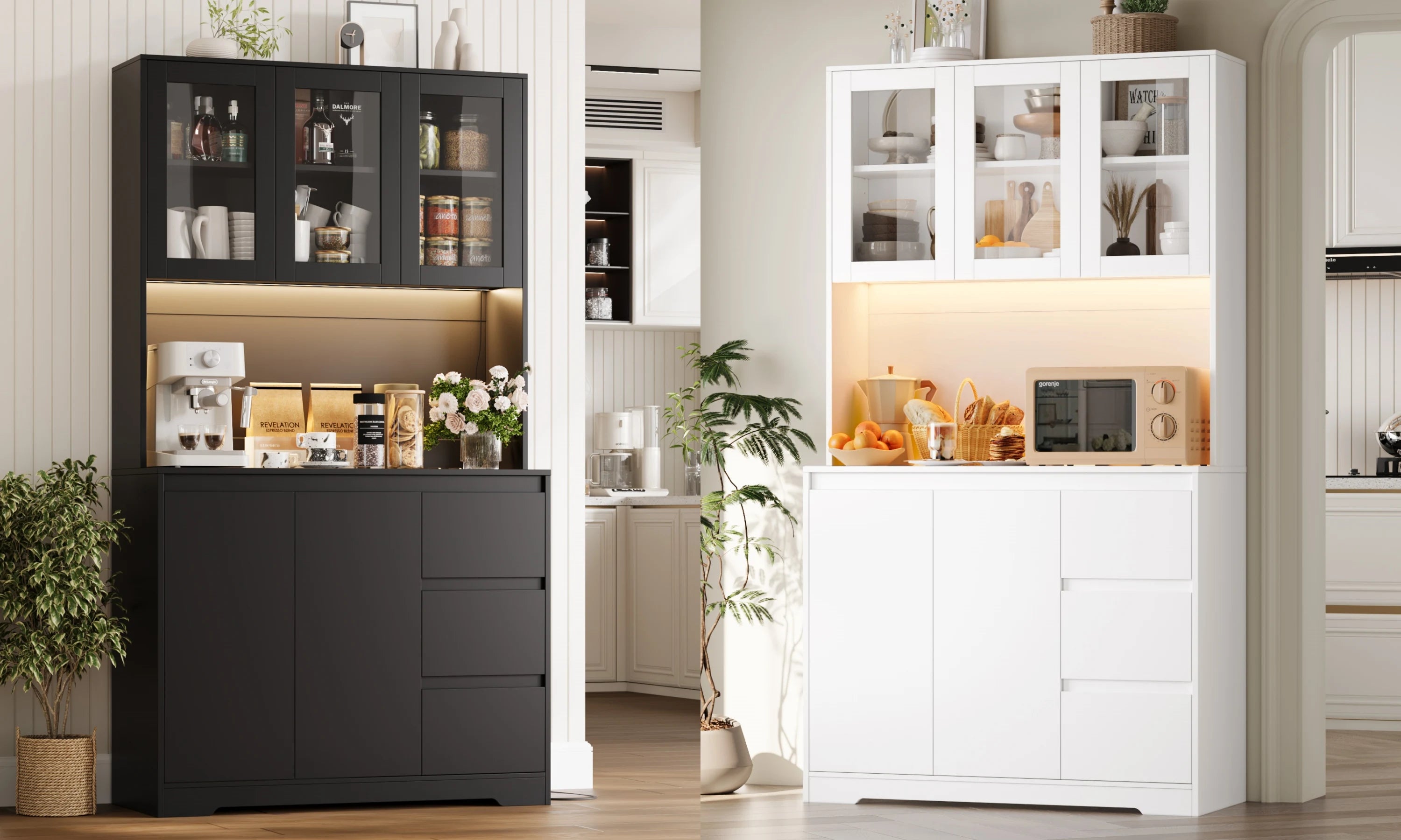 Getone Kitchen Buffet with LED, Kitchen wardrobe Buffet wardrobe with 3 Drawer sockets Bar Adjustable Shelf 100x38.5x180cm