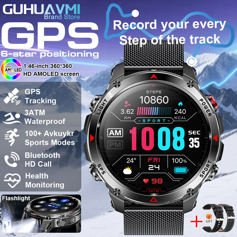 2025 Outdoor Military Smart Watch – Built-in GPS, Compass, Altimeter, Barometer, 3ATM Waterproof Rugged AMOLED Smartwatch with Bluetooth Call
