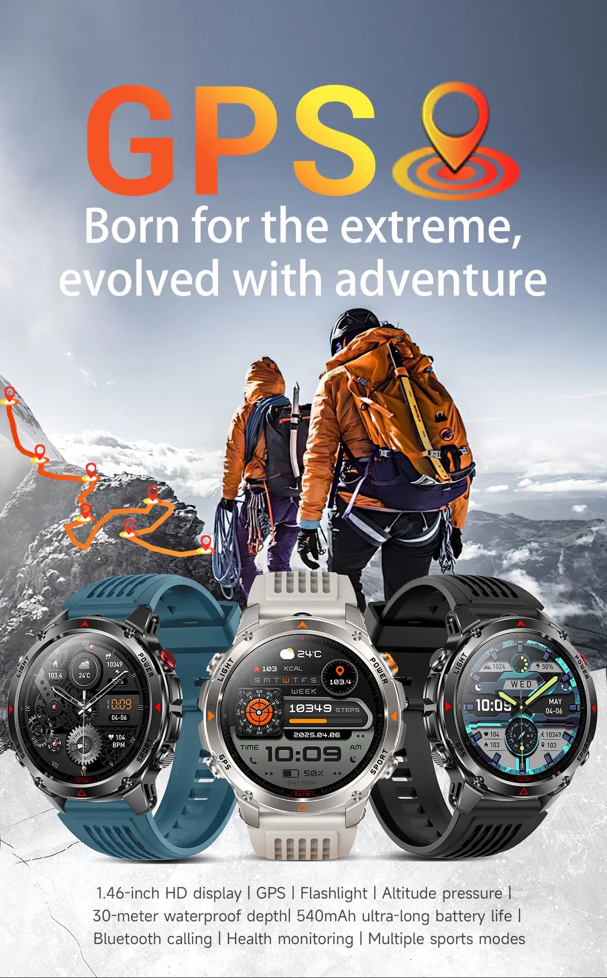 2025 Outdoor Military Smart Watch – Built-in GPS, Compass, Altimeter, Barometer, 3ATM Waterproof Rugged AMOLED Smartwatch with Bluetooth Call