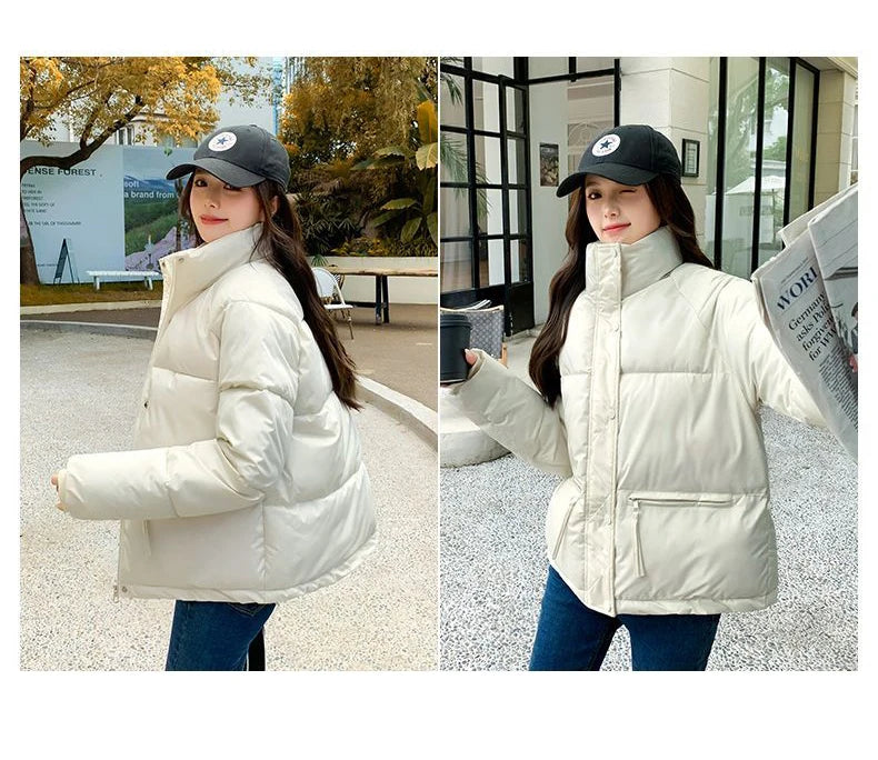 Women’s Short Standing Collar Puffer Jacket – Winter Warm Cotton-Padded Down Coat Fashion Bakery Parka Outerwear