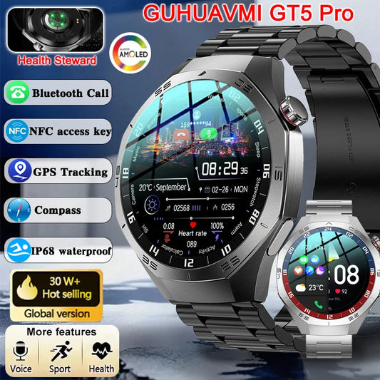 2025 GUHUAVMI GT5 Pro Smart Watch for Men – 1.52” HD AMOLED Display, GPS Motion Tracking, Heart Rate Monitor, Bluetooth Call, IP68 Waterproof Fitness Smartwatch