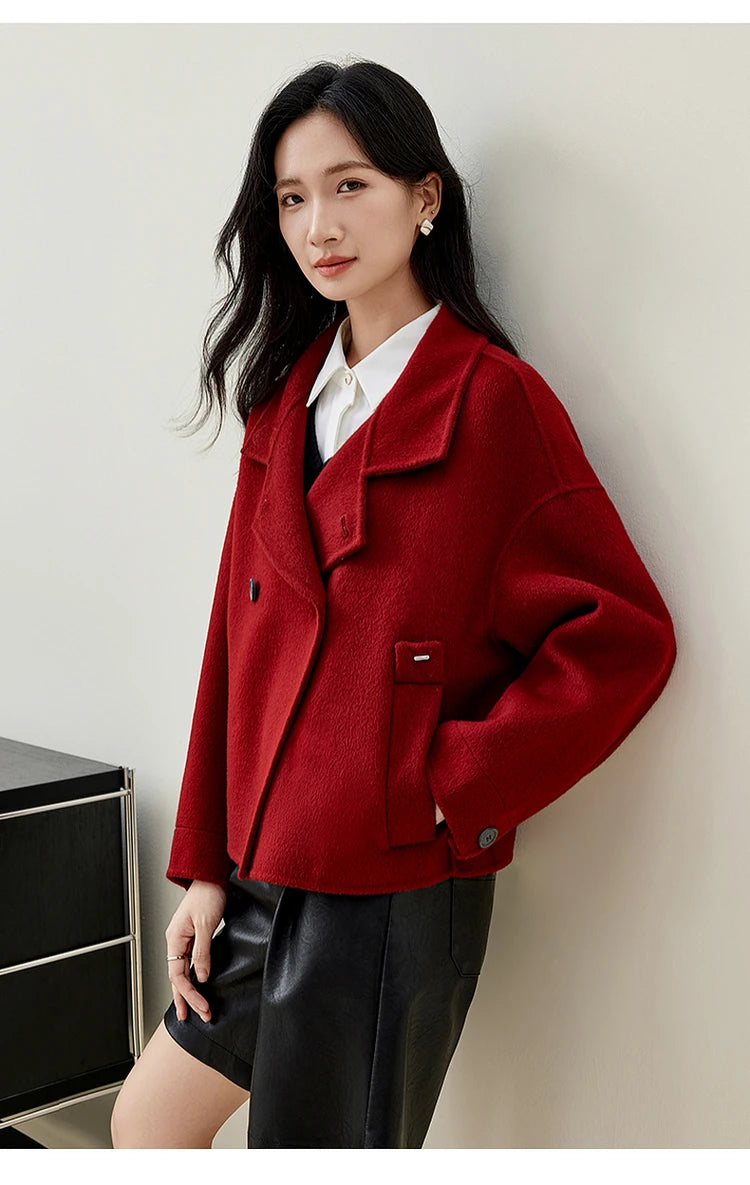 SENTUBILA 100% Wool Coat For Women Winter Jackets 2025 Stand Turtleneck Double Sided Short Outerwears Female Clothes