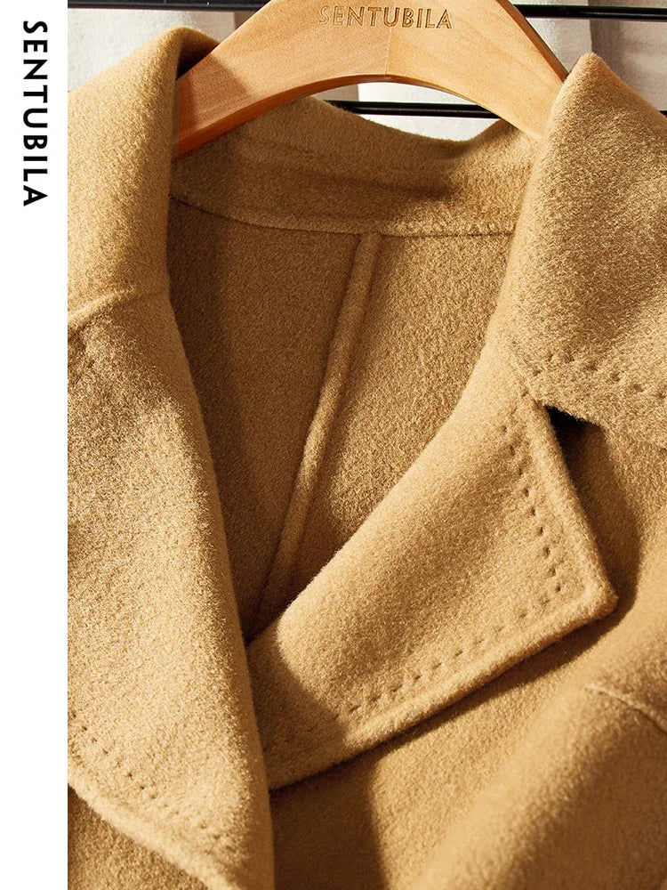 SENTUBILA Women 100% Wool Long Wrap Coat 2025 Elegant Notched Collar Belted Warm Double Faced Woolen Winter Overcoat W24O43352
