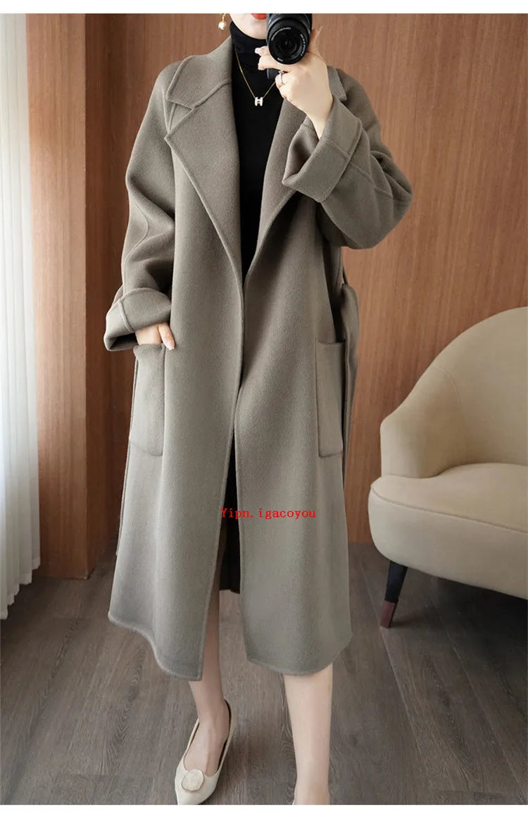 100% Pure Wool Double-Sided Cashmere Coat Women Winter New Mid-Length Loose Fashion Pockets Woolen Jacket Female Overcoat B551