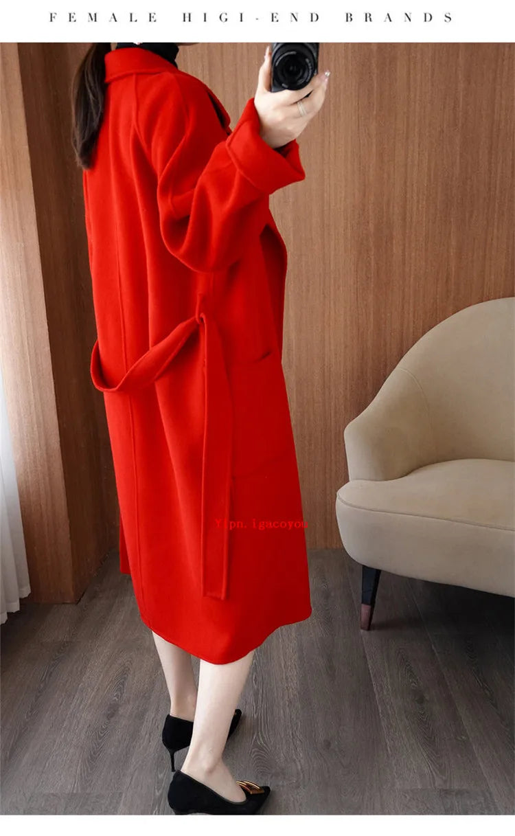 100% Pure Wool Double-Sided Cashmere Coat Women Winter New Mid-Length Loose Fashion Pockets Woolen Jacket Female Overcoat B551