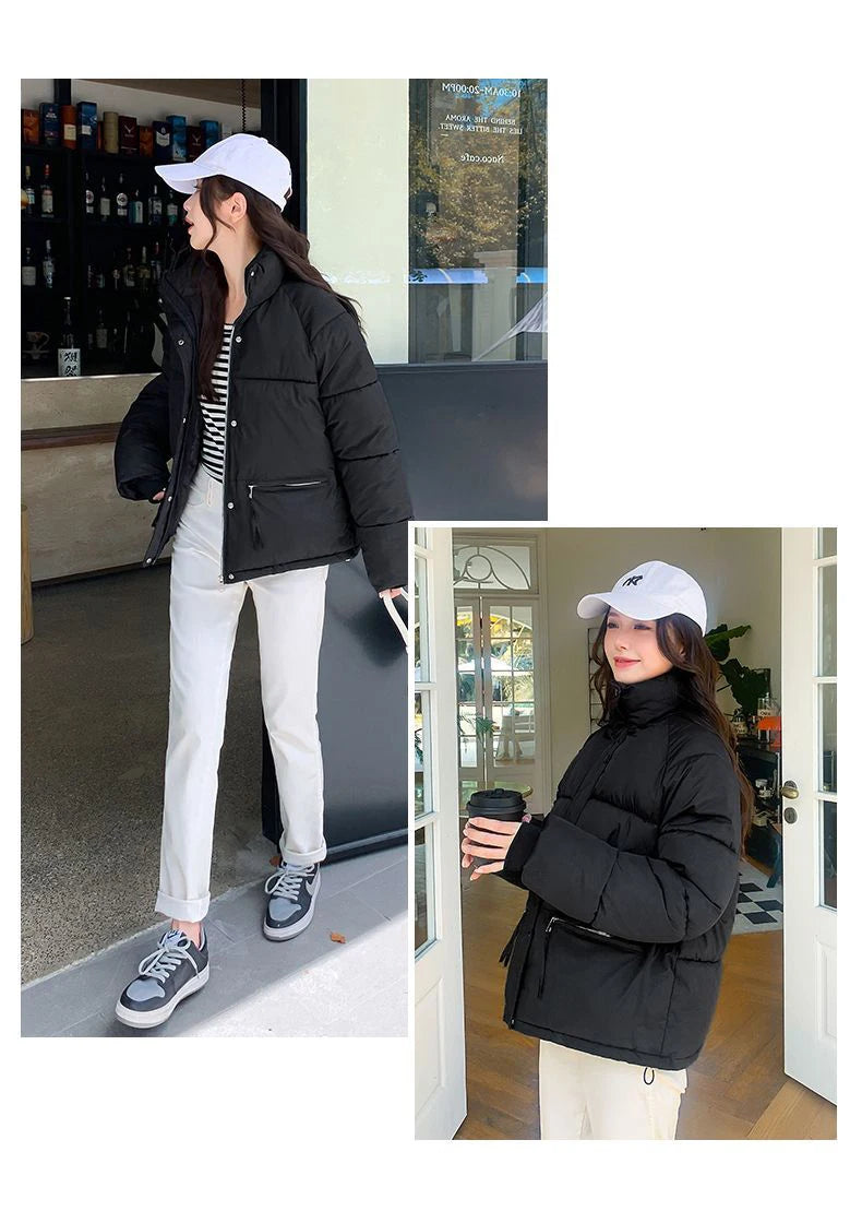 Women’s Short Standing Collar Puffer Jacket – Winter Warm Cotton-Padded Down Coat Fashion Bakery Parka Outerwear