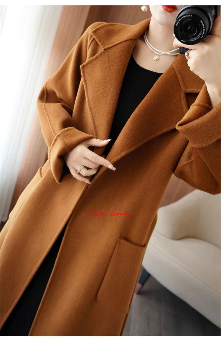 100% Pure Wool Double-Sided Cashmere Coat Women Winter New Mid-Length Loose Fashion Pockets Woolen Jacket Female Overcoat B551