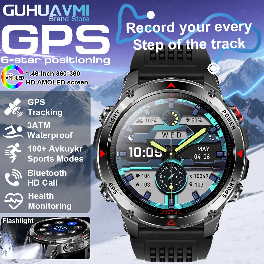 2025 Outdoor Military Smart Watch – Built-in GPS, Compass, Altimeter, Barometer, 3ATM Waterproof Rugged AMOLED Smartwatch with Bluetooth Call