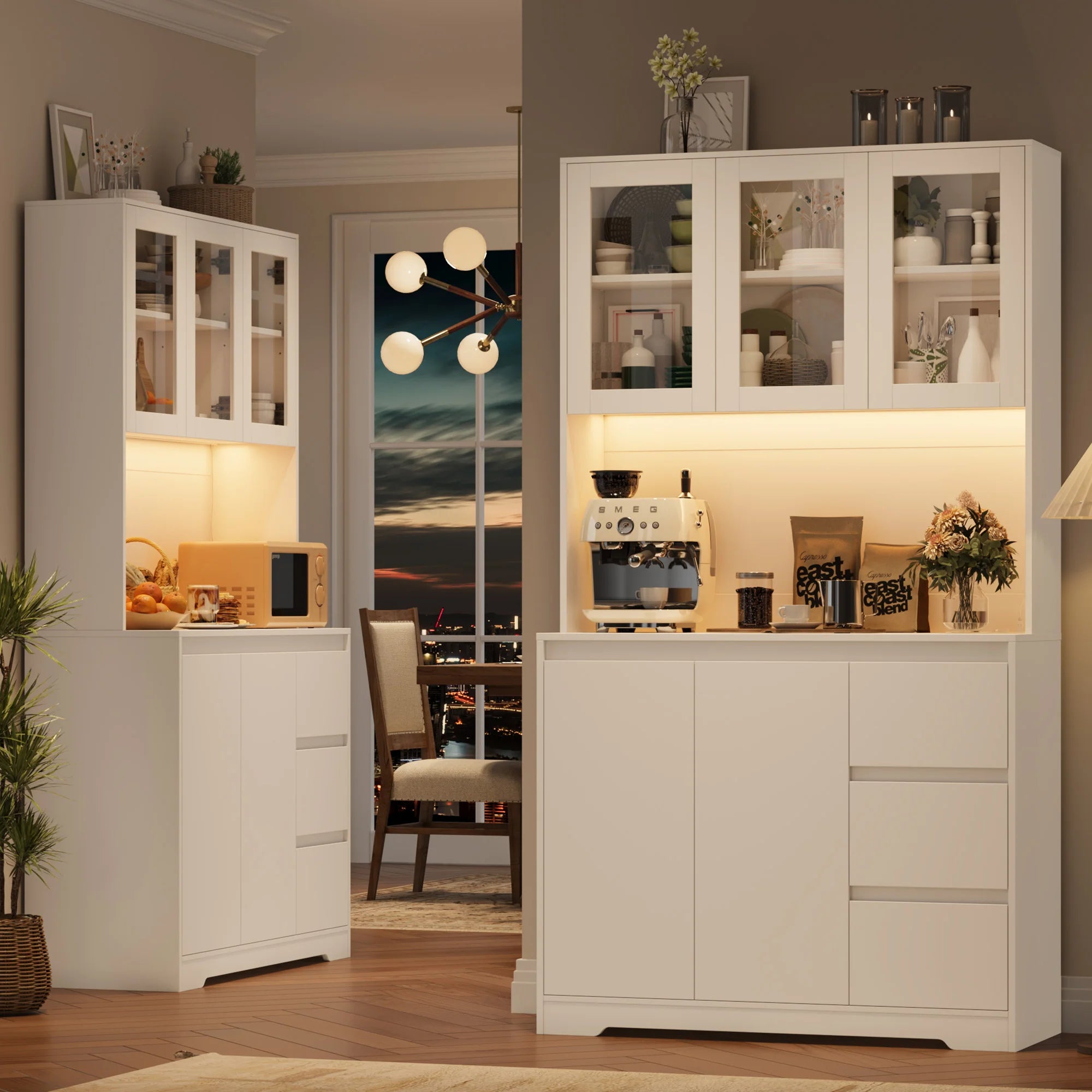 Getone Kitchen Buffet with LED, Kitchen wardrobe Buffet wardrobe with 3 Drawer sockets Bar Adjustable Shelf 100x38.5x180cm
