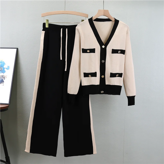 Women’s Knitted 2-Piece Sweater Set – Soft V-Neck Cardigan & Wide-Leg Pants Autumn Winter Outfit