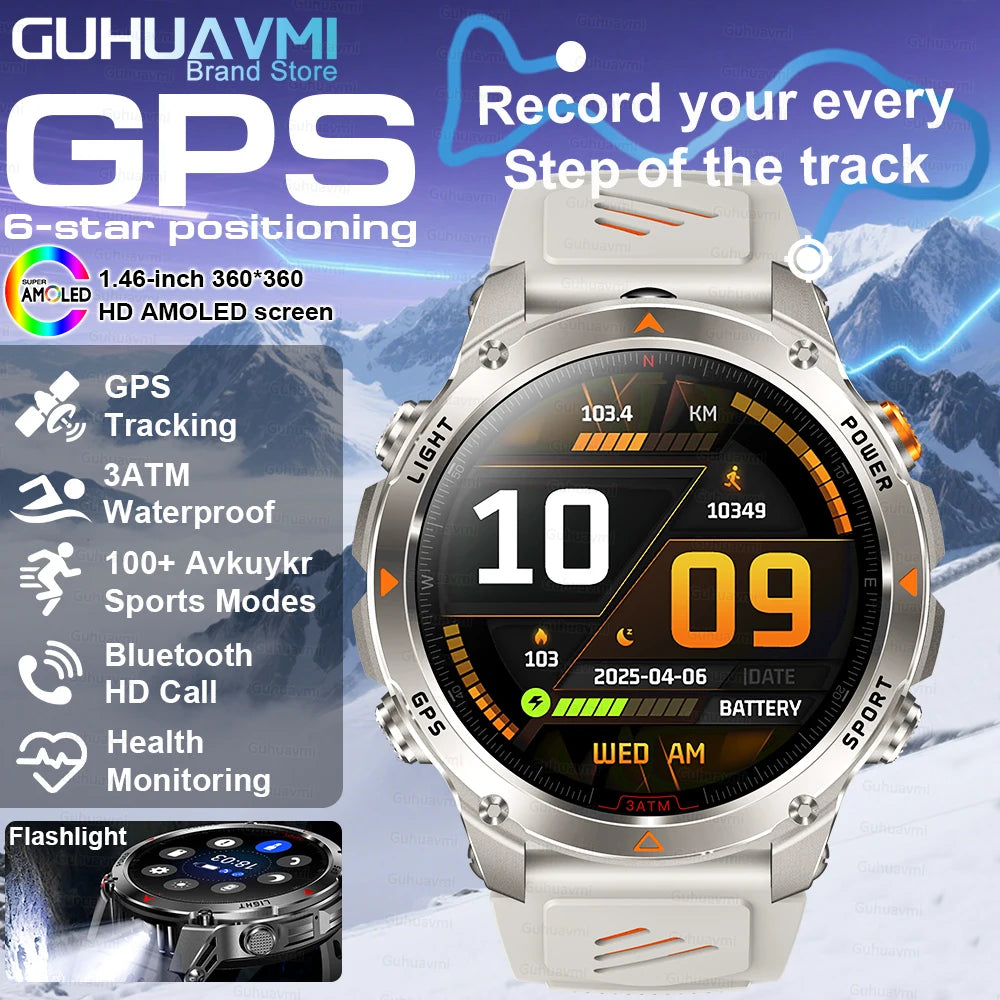2025 Outdoor Military Smart Watch – Built-in GPS, Compass, Altimeter, Barometer, 3ATM Waterproof Rugged AMOLED Smartwatch with Bluetooth Call